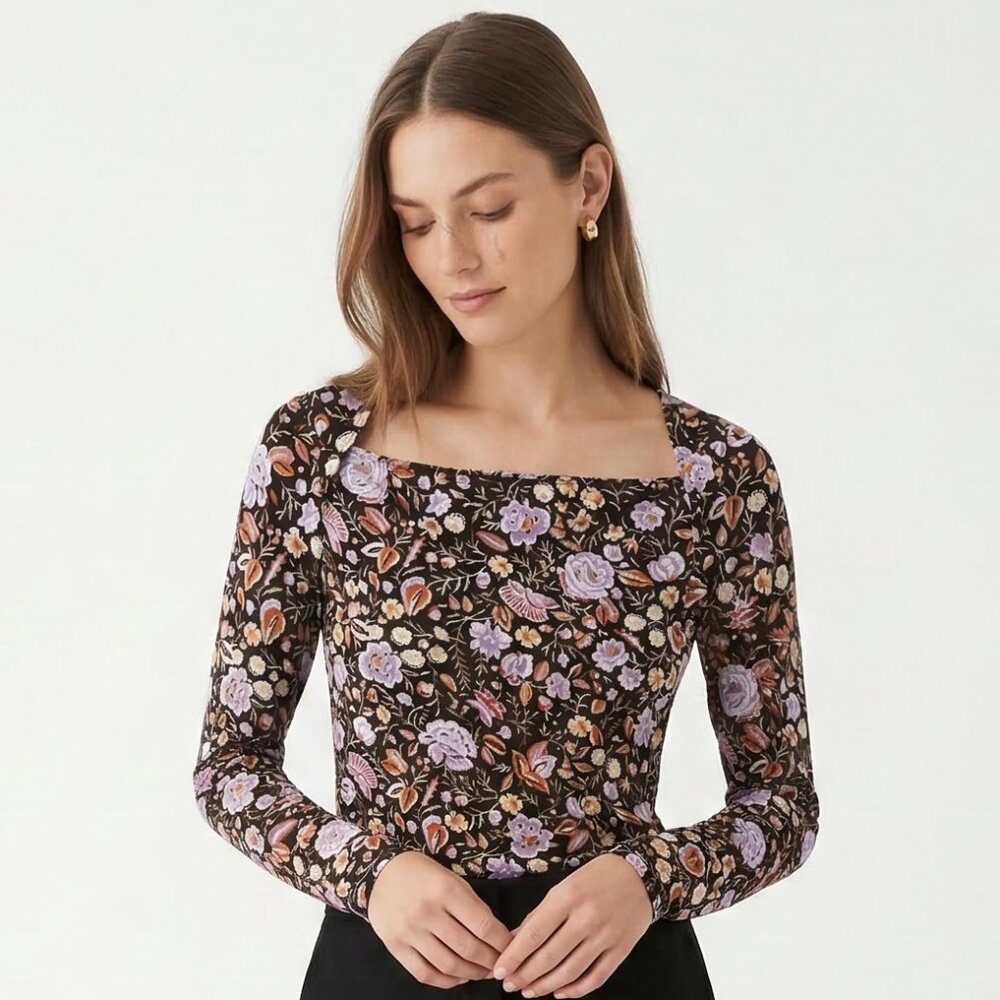 Ann Taylor Top Black Purple Floral Goth Grunge Whimsigoth Casual S